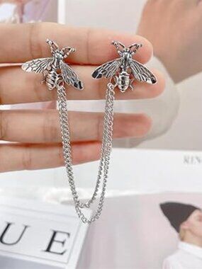 Double Vintage Honey Bee Brooch Lapel Pins Hanging Chain Tassel